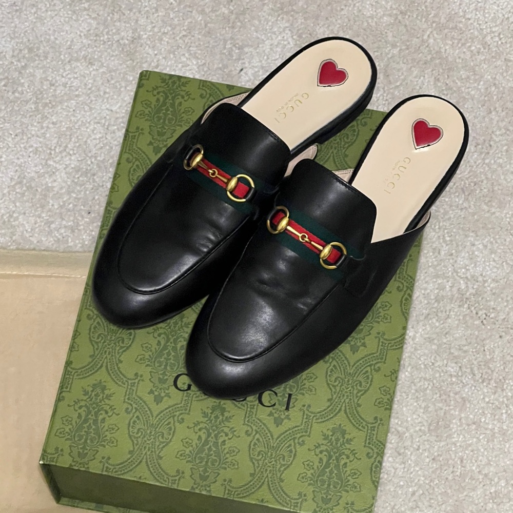 Gucci Princetown Black Leather Slipper Mules Loafers Horsebit Web Stripe